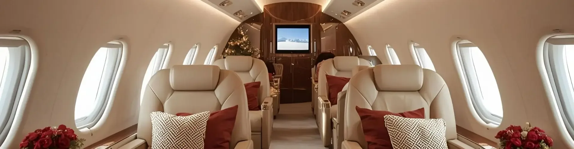 Luxurious private jet cabin interior with cream leather seats and elegant lighting for stress-free travel