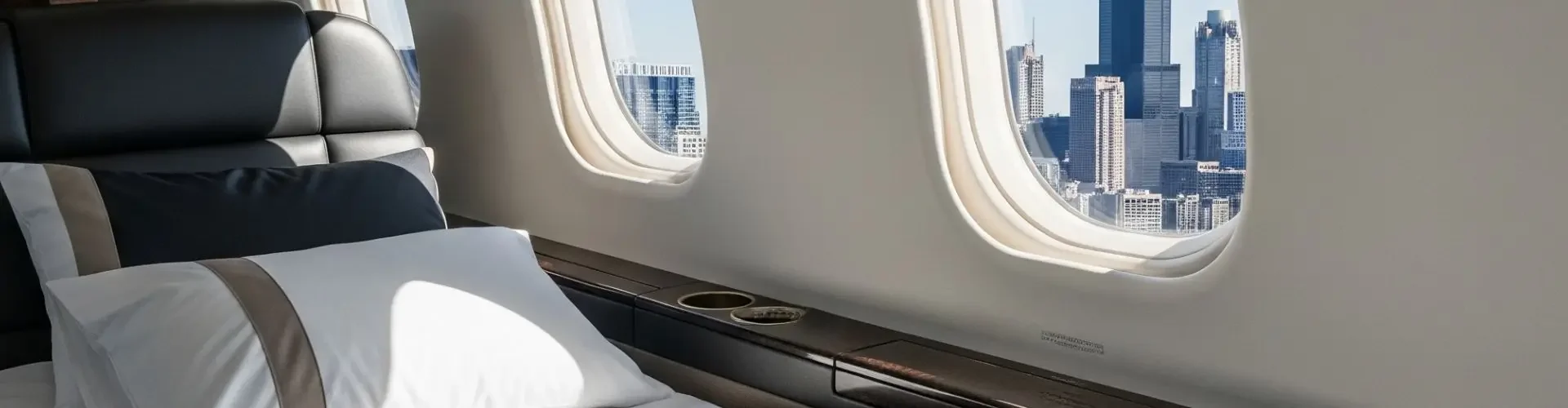 Luxurious private jet cabin interior with plush bedding and panoramic city skyline views through windows