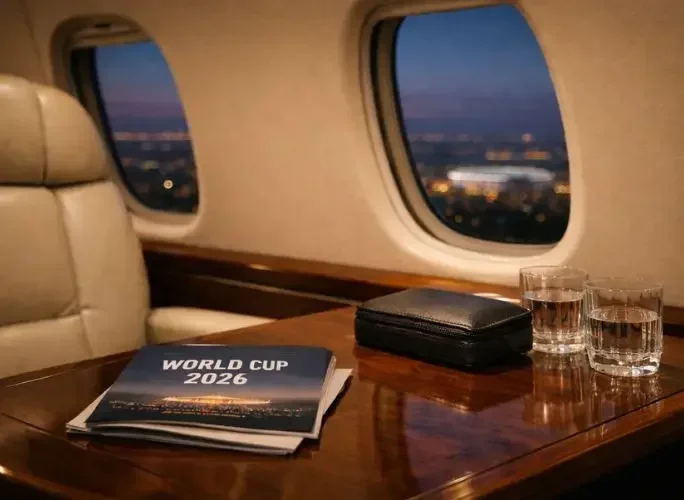 Luxury private jet cabin for a world cup 2026 brochure polished table twilight card txt