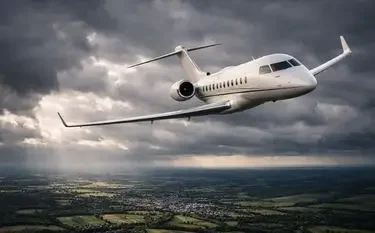Can You Fly Privately Cheaply in the UK? Luxury private jet flying above scenic UK countryside with dramatic cloudy sky backdrop