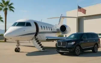 Luxury private jet with ground transportation showcasing premium travel options for US domestic flights