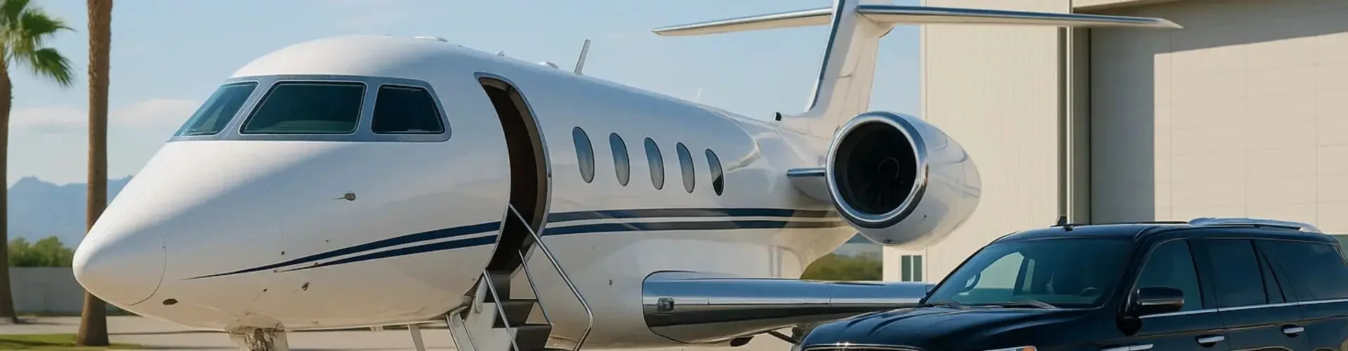 Luxury private jet parked beside black SUV at modern hangar with palm trees and American flag