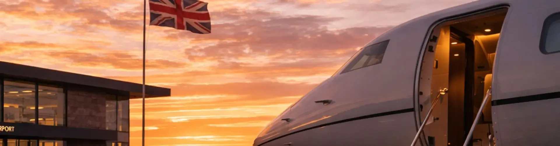 Luxury private jet with boarding stairs on UK tarmac at sunset with British flag and terminal building