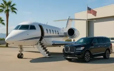 Luxury private jet parked beside black SUV at modern hangar with palm trees and American flag