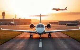 Luxury private jet positioned on runway at sunset with control tower, illustrating UK charter flight costs