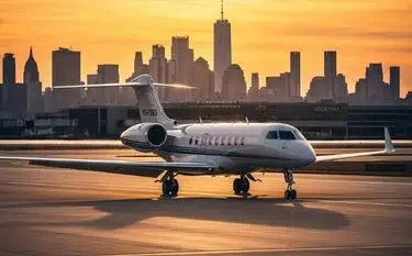 What Is the Average Cost to Fly Privately in the US? Luxury private jet positioned on tarmac with Manhattan skyline glowing during golden hour sunset