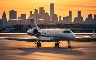 Luxury private jet positioned on tarmac with Manhattan skyline at sunset, showcasing premium US travel options