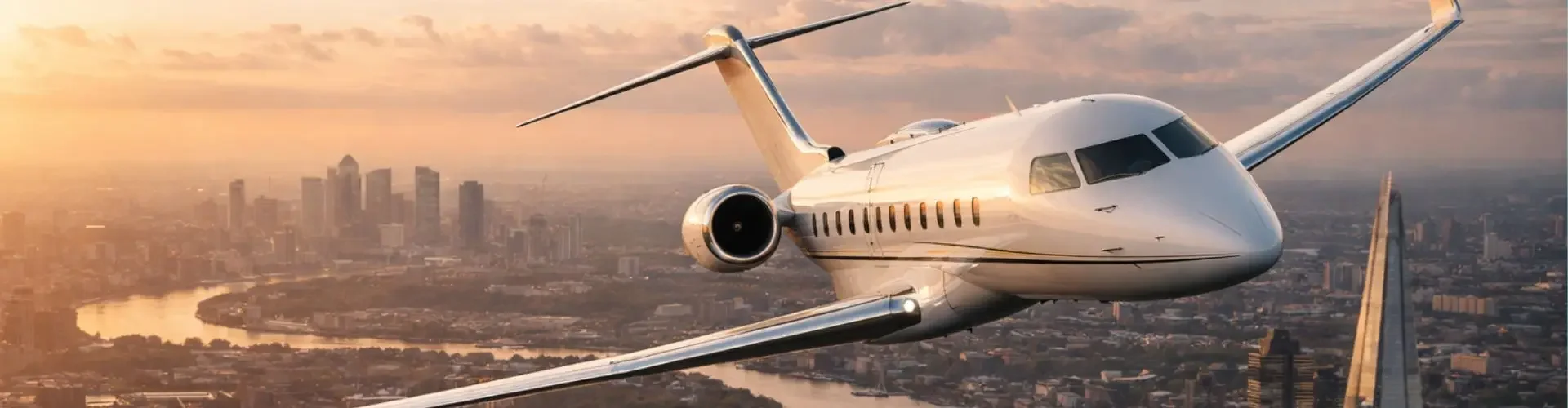 How Much is a 2 Hour Private Jet in the UK? Luxury private jet soaring above London cityscape at golden hour with Thames River and Tower Bridge visible