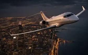 Luxury private jet soaring above illuminated city skyline at dusk showcasing premium aviation travel