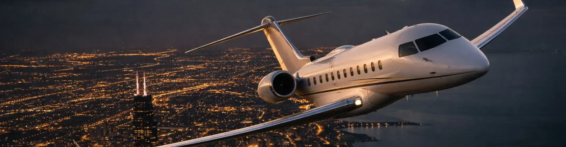 Luxury private jet soaring above illuminated city skyline at dusk showcasing premium charter flight experience