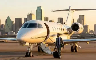 Luxury private jet on tarmac with Dallas skyline backdrop showcasing premium charter flight options