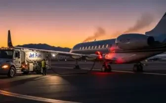 Luxury private jet on tarmac at sunset with ground crew preparing for departure in the UK