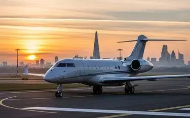 When Does Private Aviation Become a Strategic Financial Decision? Luxury private jet on tarmac at sunset with London skyline featuring The Shard in golden hour light
