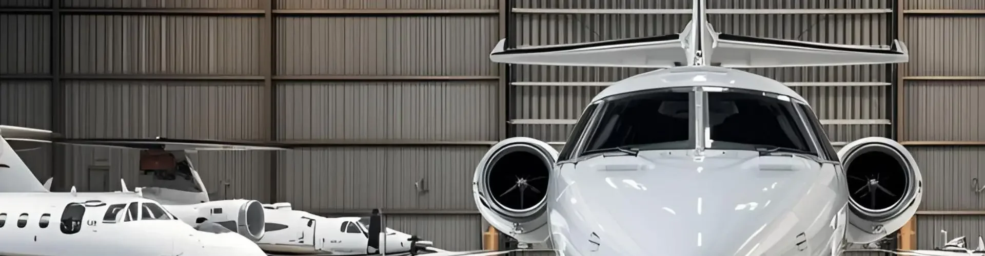 White private jet positioned in modern aircraft hangar with additional jets visible in background