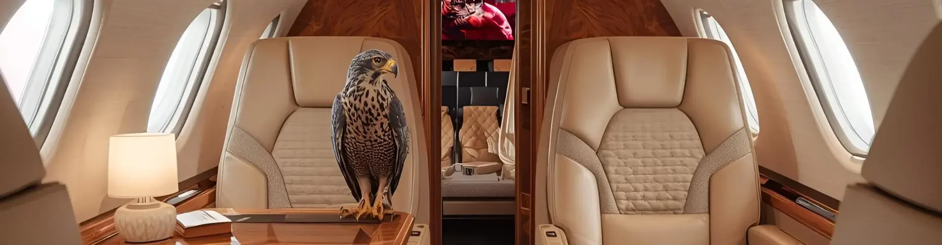 Luxury private jet cabin interior featuring comfortable leather seating and an owl perched inside