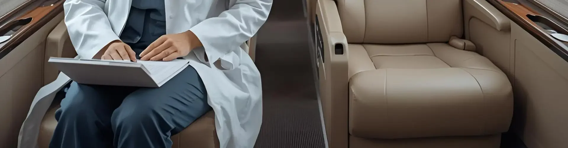 Medical professional with stethoscope reviewing patient charts aboard luxury air ambulance cabin