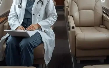 Medical professional with stethoscope reviewing patient charts aboard luxury air ambulance cabin