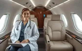 Medical professional in white coat sitting inside luxury private jet cabin equipped for air ambulance services