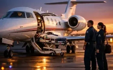 Air Ambulance & Medevac Charter Services in Canada Medical professionals preparing air ambulance jet for emergency medevac flight during golden hour
