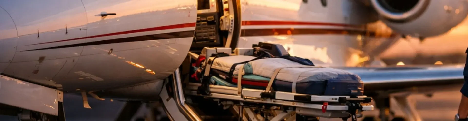 Air Ambulance & Medevac Charter Services in Canada Medical professionals preparing air ambulance jet for emergency medevac flight during golden hour