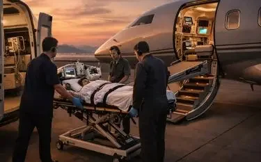 Bed-to-Bed Transfer: How Medical Evacuation Works from Hospital Room to Hospital Room Medical team loading patient on stretcher into luxury air ambulance jet during golden hour sunset