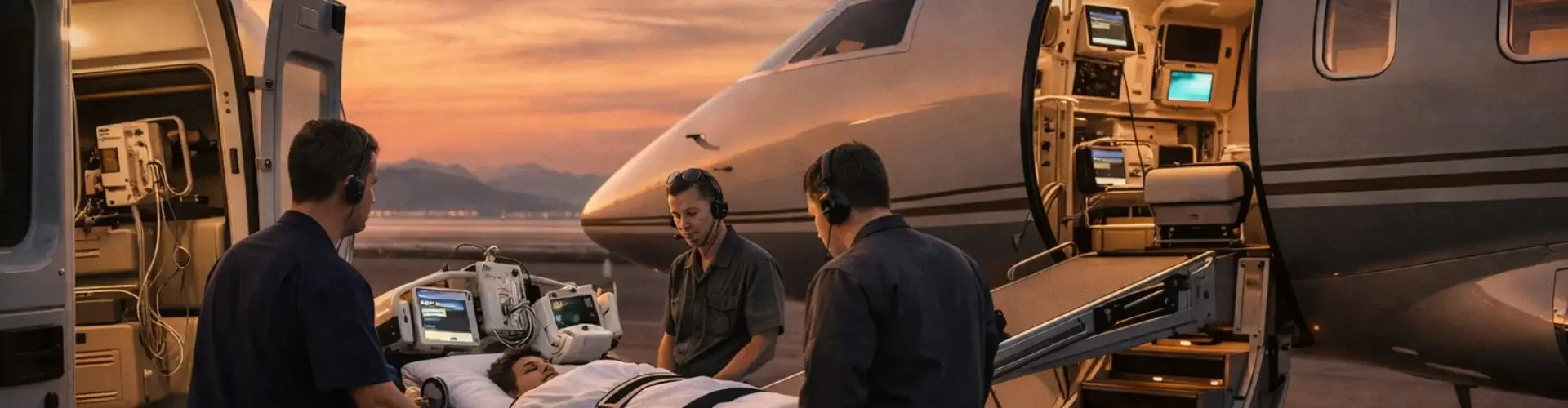 Bed-to-Bed Transfer: How Medical Evacuation Works from Hospital Room to Hospital Room Medical team loading patient on stretcher into luxury air ambulance jet during golden hour sunset