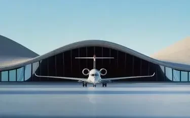 Is Flying Private Really Worth It in the US? Modern private jet positioned inside sleek curved hangar with glass walls under clear blue sky