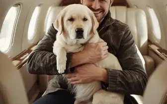 Passenger holding golden retriever dog in luxury private jet cabin with cream leather seats and windows