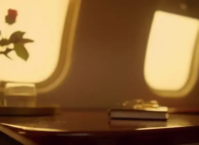 Elegant private jet cabin warm lighting leather seating aircraft windows romantic ambiance card txt