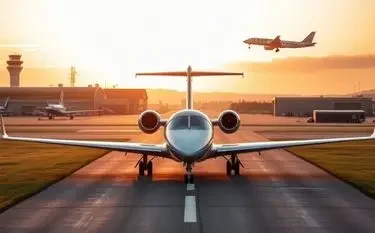 Aircraft Category and Airport Fees: What Impacts Short Flights Private jet positioned on runway at sunset with control tower and departing aircraft in background