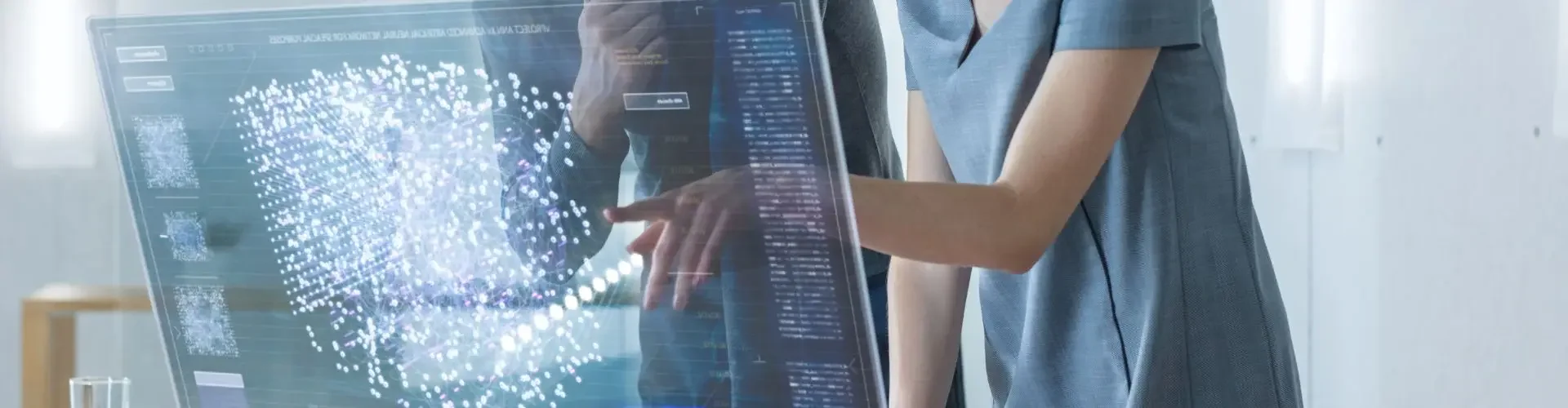 How Jetbay Uses AI to Match You With the Perfect Aircraft and Operator Two professionals analyzing AI-powered flight matching data on holographic display for private jet booking