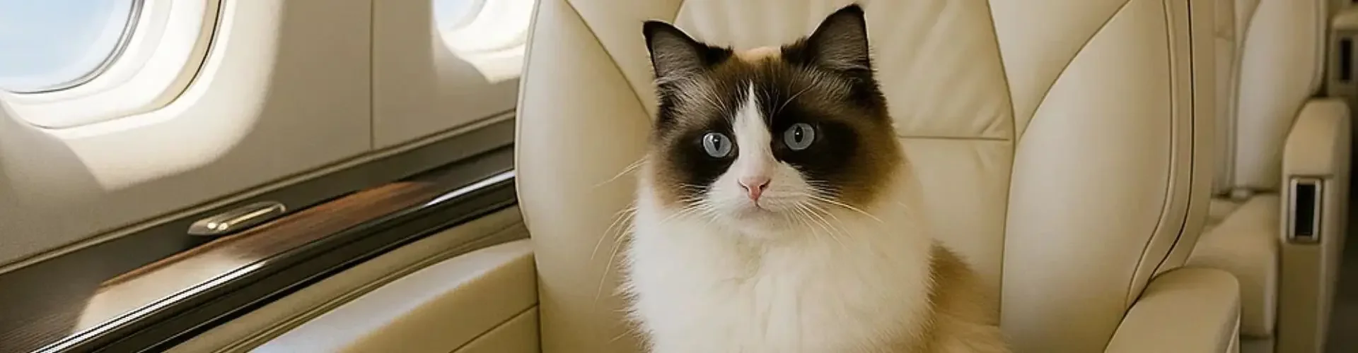 Fluffy cat with brown and white markings sitting comfortably in luxury private jet cabin seat