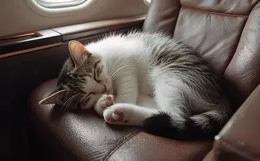 Relaxed cat sleeping peacefully on luxury leather aircraft seat during stress-free private jet travel