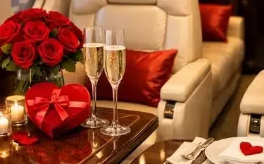 Charter a Private Jet Flight for Valentine’s Day Romantic private jet cabin with champagne flutes red roses heart shaped gift box