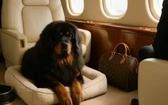 Rottweiler dog relaxing in luxury private jet cabin seat with designer luggage for pet-friendly travel
