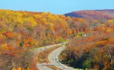 Private Jet from Westchester County to Palm Beach Scenic highway winding through vibrant autumn foliage in rolling hills, perfect for luxury travel routes