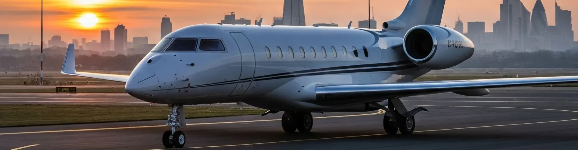 When Does Private Aviation Become a Strategic Financial Decision? Luxury private jet on tarmac at sunset with London skyline featuring The Shard in golden hour light