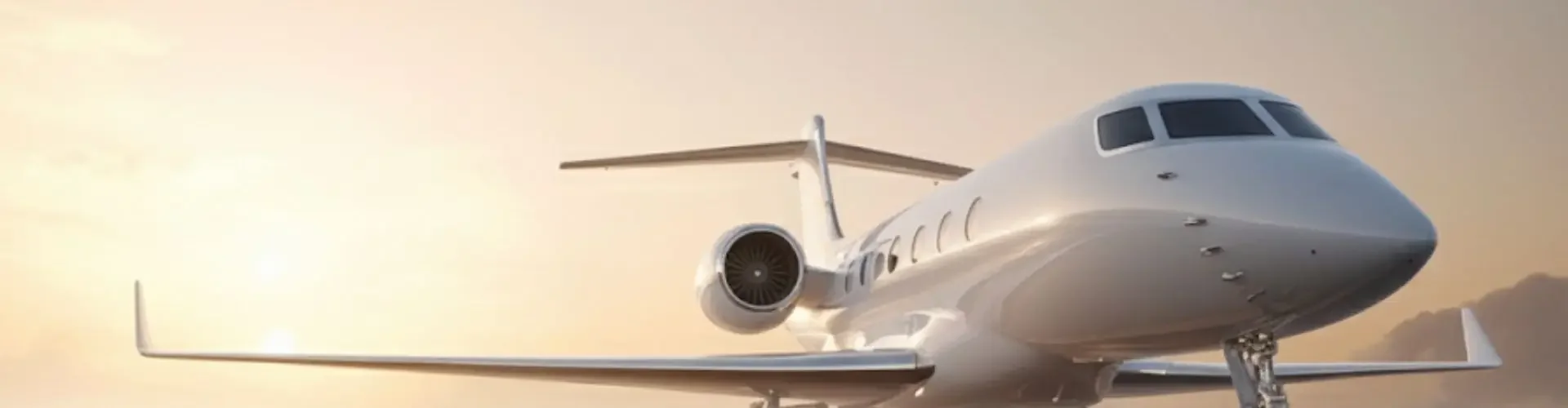 Sleek white private jet positioned on tarmac during golden hour sunset, ready for luxury charter flight
