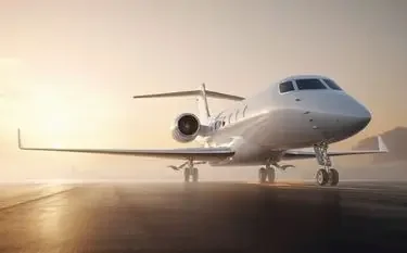 Sleek white private jet positioned on tarmac during golden hour sunset, ready for luxury charter flight