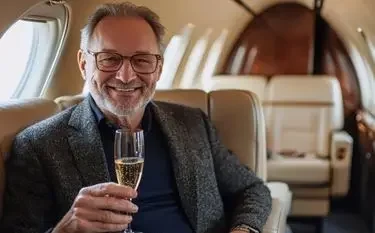 Smiling businessman enjoying champagne in luxurious private jet cabin during flight over Canada