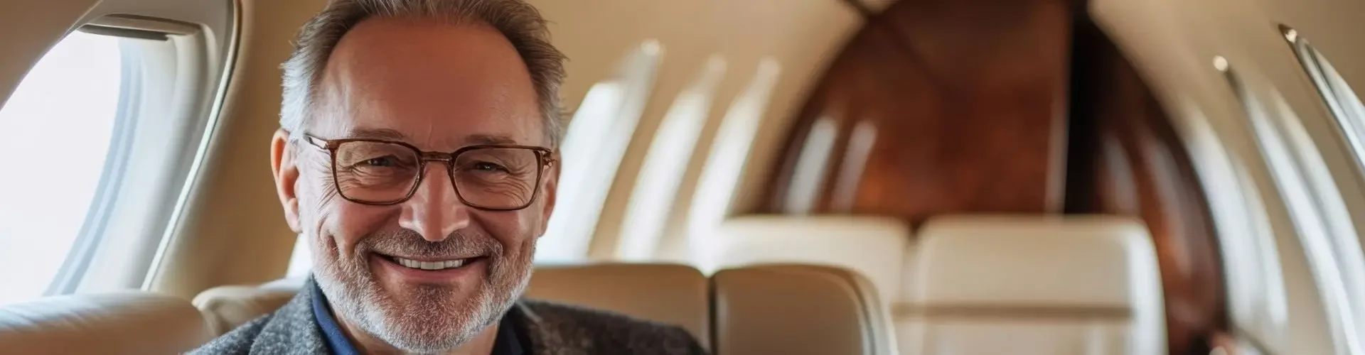 Smiling businessman enjoying champagne in luxurious private jet cabin during flight over Canada