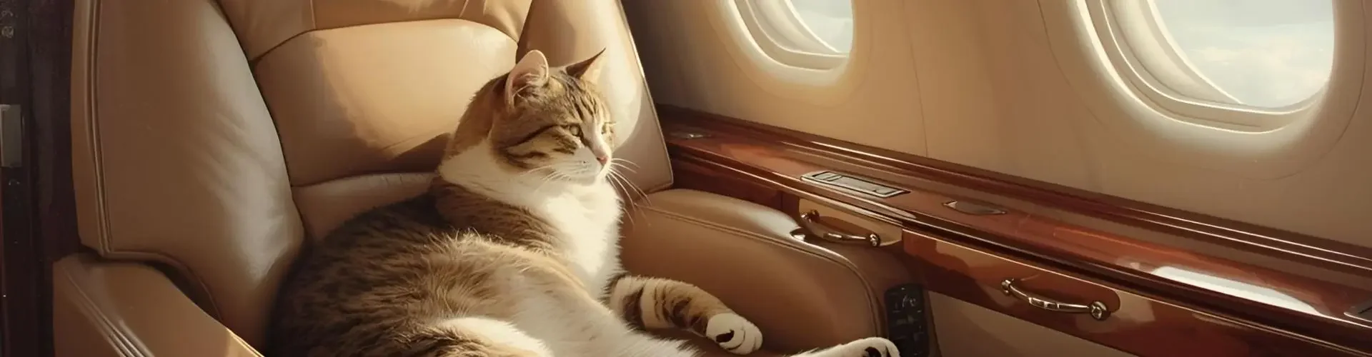 Tabby cat relaxing comfortably in luxury private jet cabin seat with panoramic windows showing sky views