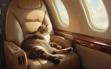 Tabby cat relaxing comfortably in luxury private jet cabin seat with panoramic windows showing sky views