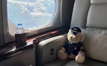 What to Expect Inside a Private Jet Cabin: Comfort, Tech & Style Teddy bear pilot mascot seated by aircraft window overlooking mountain landscape during luxury flight