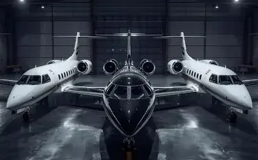 Three luxury private jets positioned symmetrically in modern aircraft hangar showcasing UK charter fleet options