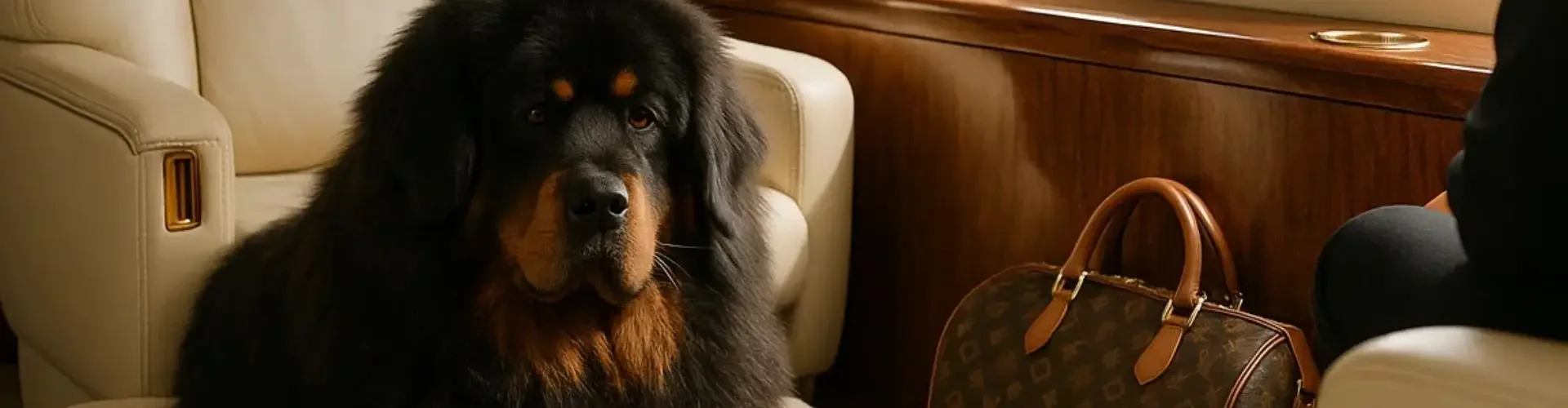 Tibetan Mastiff puppy relaxing in luxury private jet cabin seat during international pet relocation flight