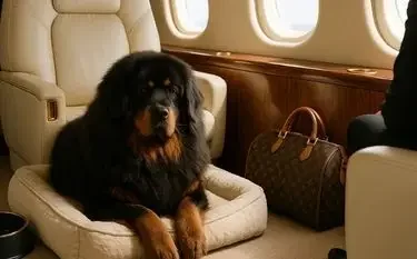 Tibetan Mastiff puppy relaxing in luxury private jet cabin seat during international pet relocation flight