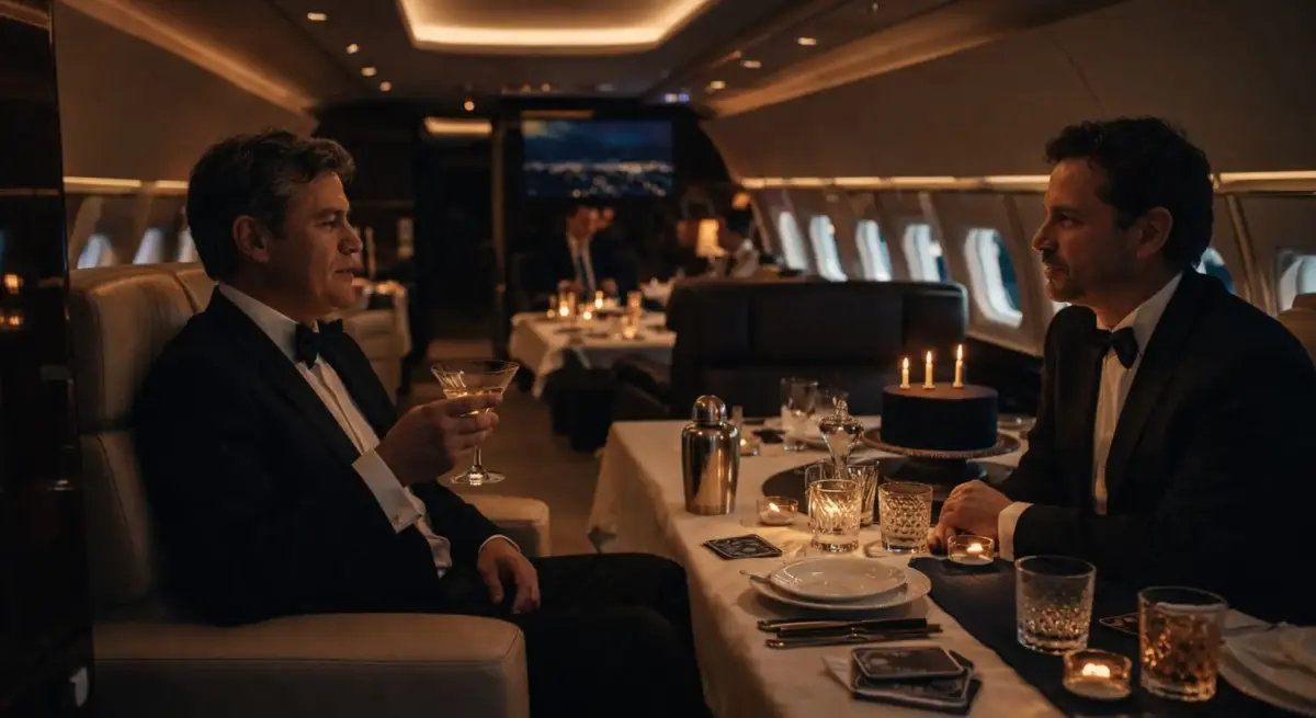 Two businessmen in tuxedos enjoying cocktails and fine dining aboard a luxurious private jet cabin