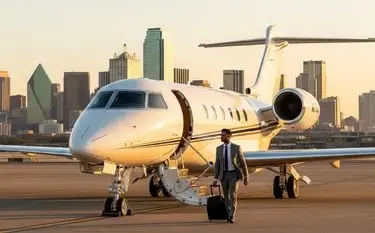 When Private Aviation Becomes a Strategic Financial Choice White private jet parked on tarmac with Dallas skyline backdrop during golden hour sunset lighting