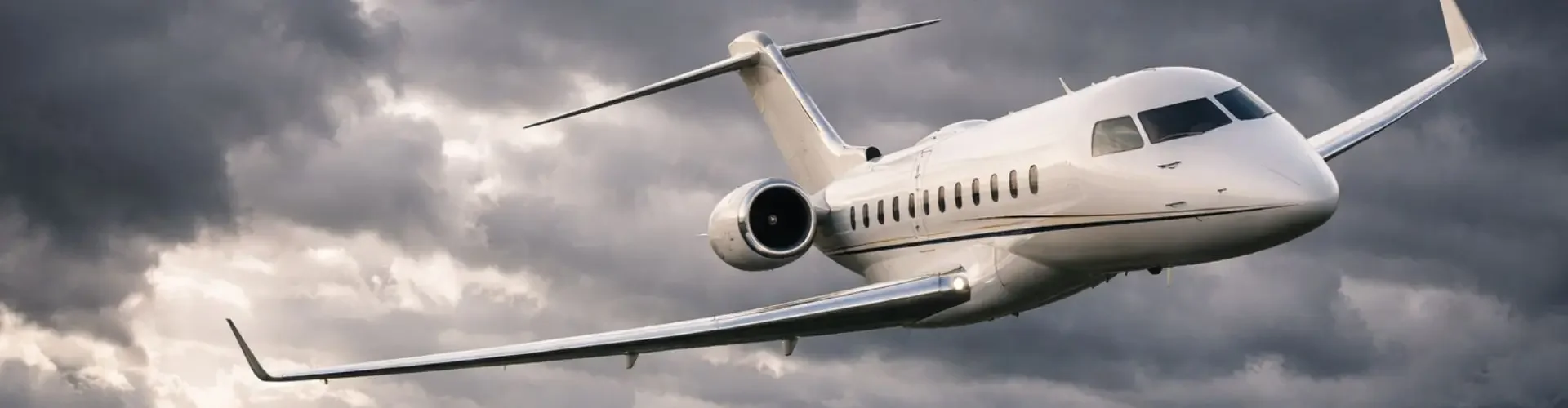 Can You Fly Privately Cheaply in the UK? Luxury private jet flying above scenic UK countryside with dramatic cloudy sky backdrop